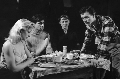Alison (Mary Ure), Cliff (Alan Bates) and Helena (Helena Hughes) and Jimmy (Kenneth Haigh) in Look Back in Anger, Royal Court, 1956; Tarn Bassett had replaced Mary Ure by the time of the BBC broadcast. Photo by Houston Rogers.